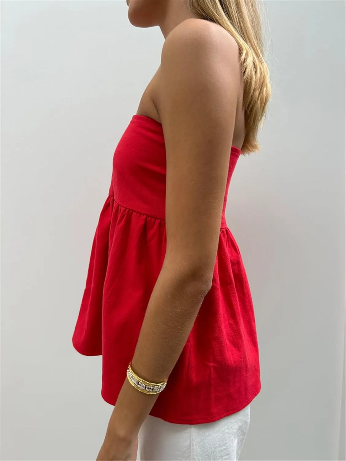 Women Y2K Strapless Backless Ruffle Flowy Tube Top Summer Sexy Off Shoulder Pleated Bandeau Going Out Peplum Top