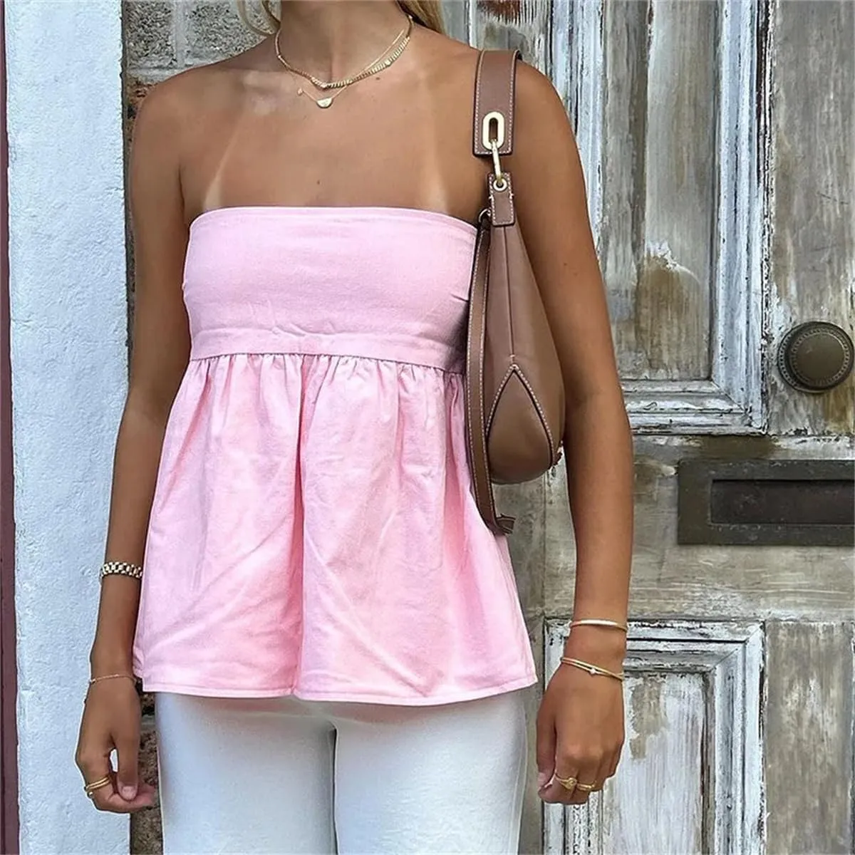 Women Y2K Strapless Backless Ruffle Flowy Tube Top Summer Sexy Off Shoulder Pleated Bandeau Going Out Peplum Top