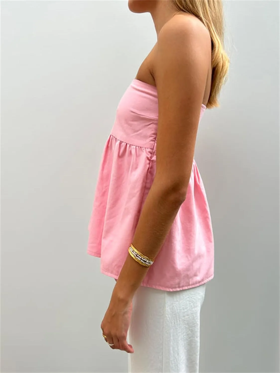 Women Y2K Strapless Backless Ruffle Flowy Tube Top Summer Sexy Off Shoulder Pleated Bandeau Going Out Peplum Top