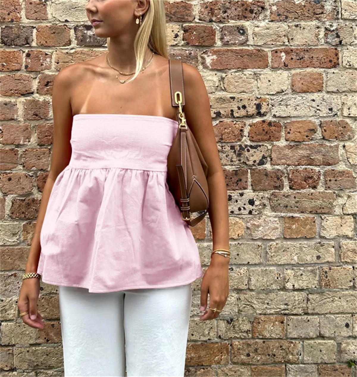 Women Y2K Strapless Backless Ruffle Flowy Tube Top Summer Sexy Off Shoulder Pleated Bandeau Going Out Peplum Top