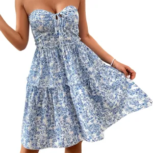 Women Y2K Strapless Short Dress Backless Tube Ruched Ruffle Mini Dress Floral Flowy Sleeveless Bodycon Sundress