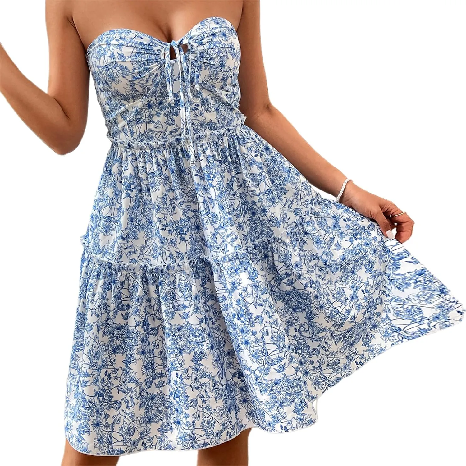 Women Y2K Strapless Short Dress Backless Tube Ruched Ruffle Mini Dress Floral Flowy Sleeveless Bodycon Sundress