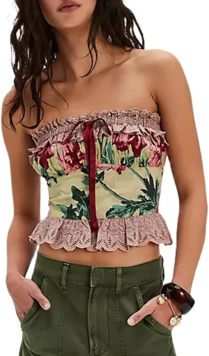 Women Y2k Strapless Top Fairy Lace Trim Floral Sleeveless Backless Tube Top Summer Going Out Camisole Teen Girls Top