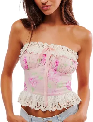 Women Y2k Strapless Top Fairy Lace Trim Floral Sleeveless Backless Tube Top Summer Going Out Camisole Teen Girls Top