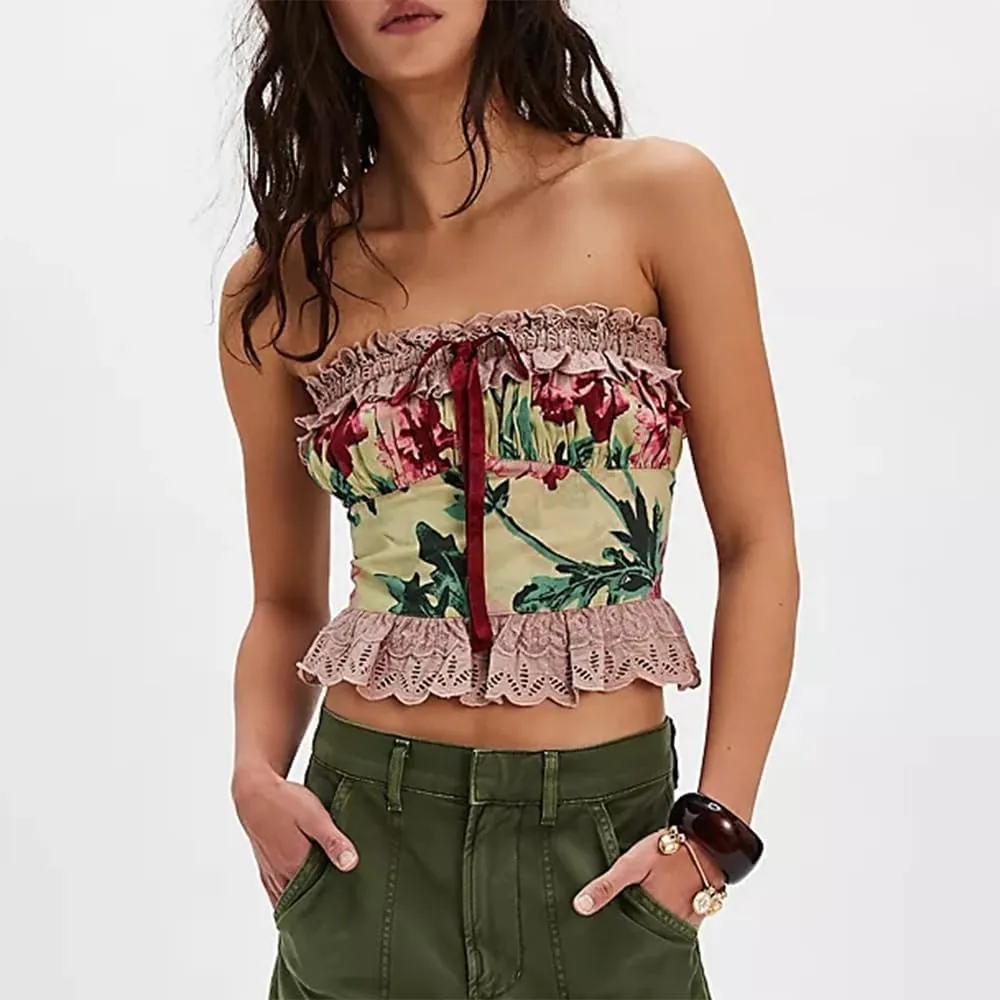 Women Y2k Strapless Top Fairy Lace Trim Floral Sleeveless Backless Tube Top Summer Going Out Camisole Teen Girls Top
