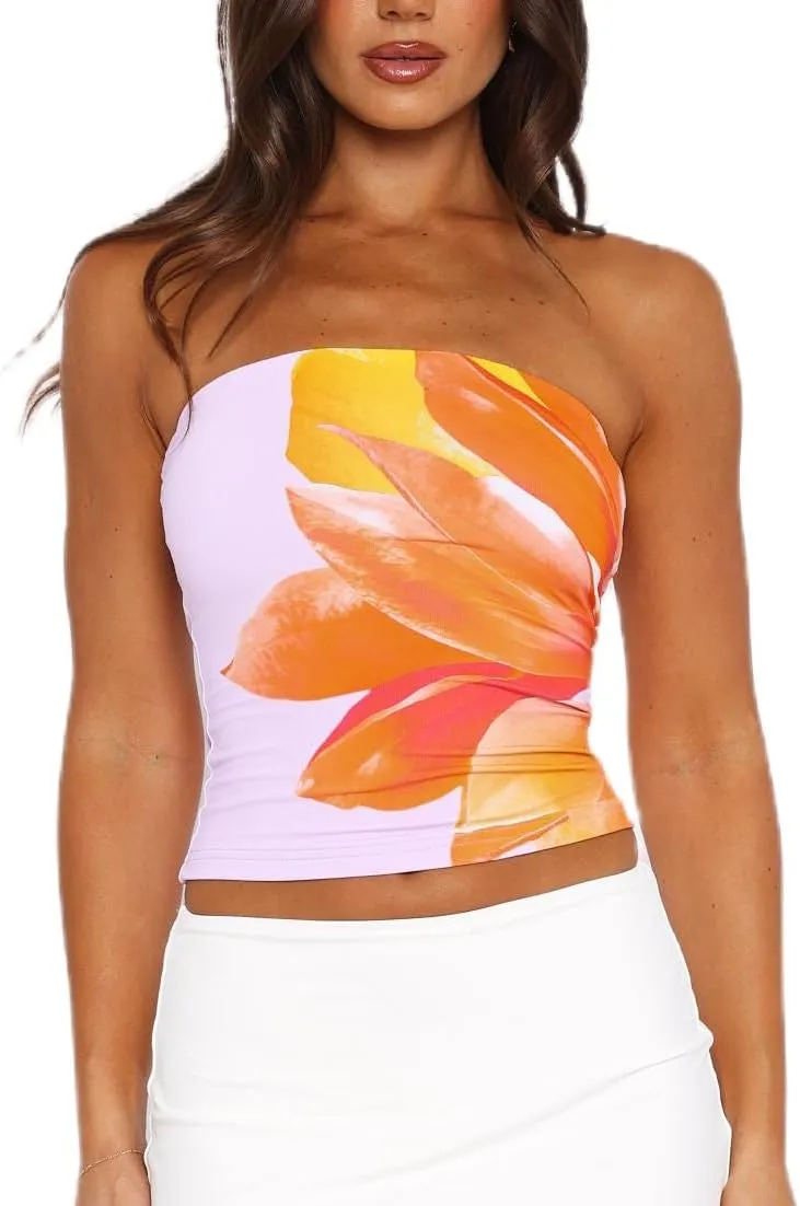 Women Y2k Tube Top Floral Printed Bandeau Crop Tops Sexy Strapless Shirt Going Out Summer Outfits Off Shoulder Vest