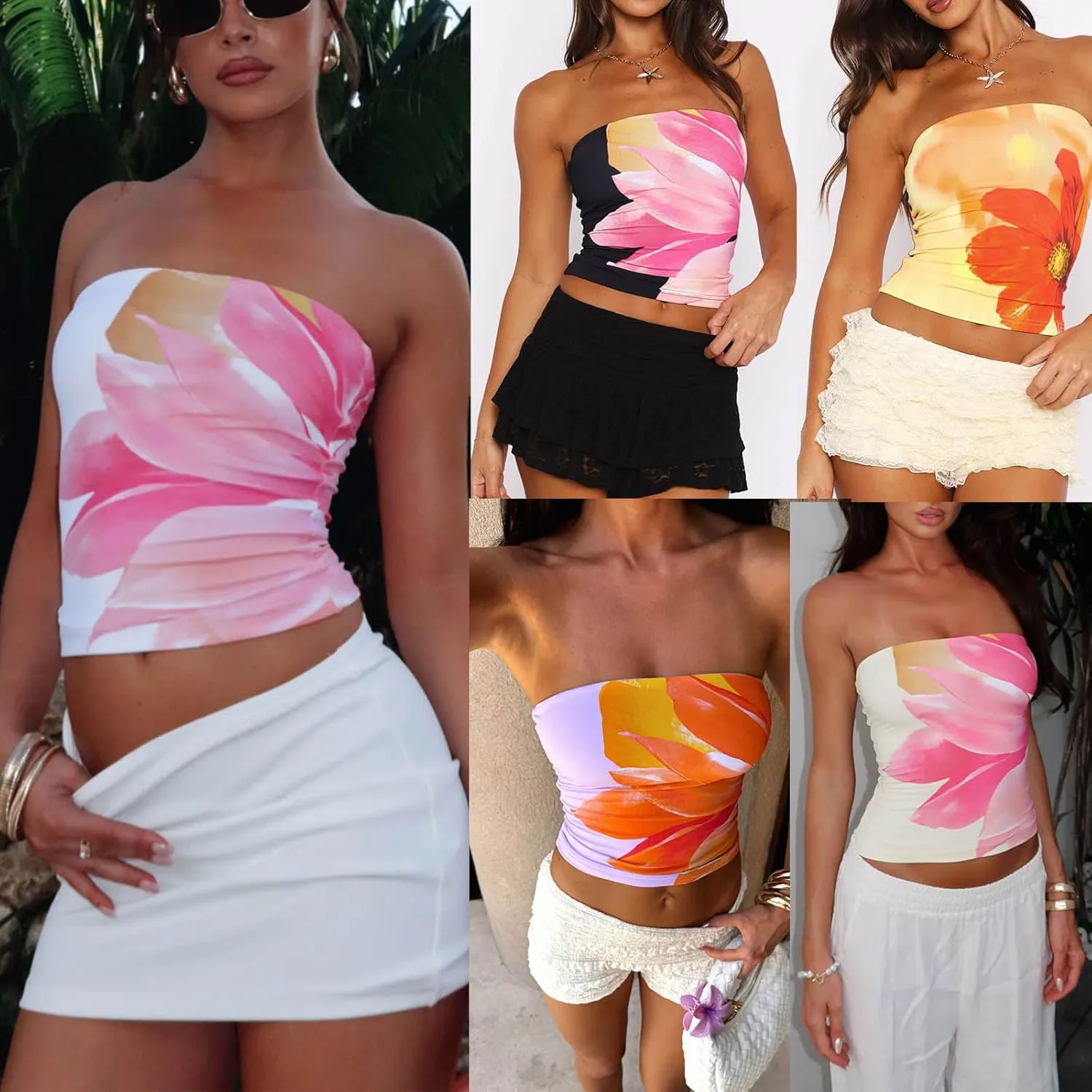 Women Y2k Tube Top Floral Printed Bandeau Crop Tops Sexy Strapless Shirt Going Out Summer Outfits Off Shoulder Vest