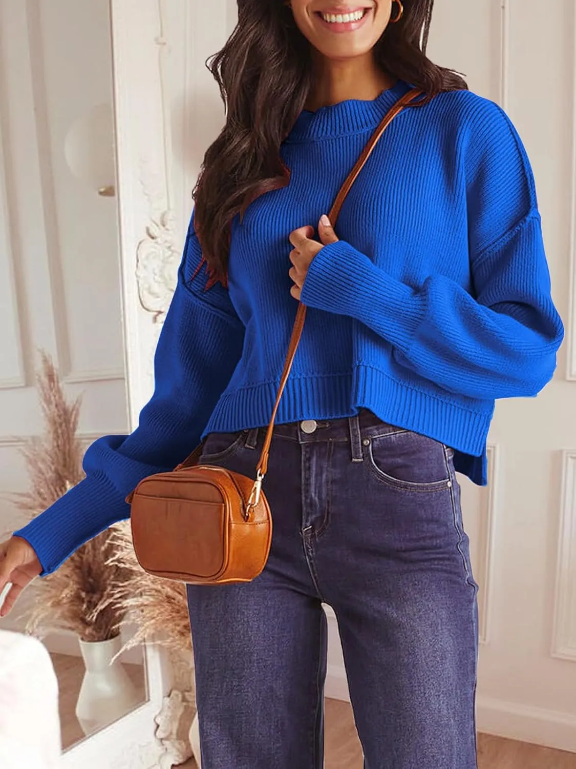 Womens 2023 Fall Sweaters Crewneck Long Batwing Sleeve Side Slit Lightweight Pullover Knit Sweater Tops