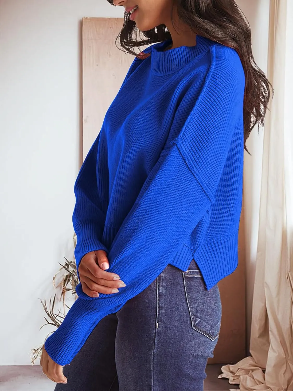 Womens 2023 Fall Sweaters Crewneck Long Batwing Sleeve Side Slit Lightweight Pullover Knit Sweater Tops