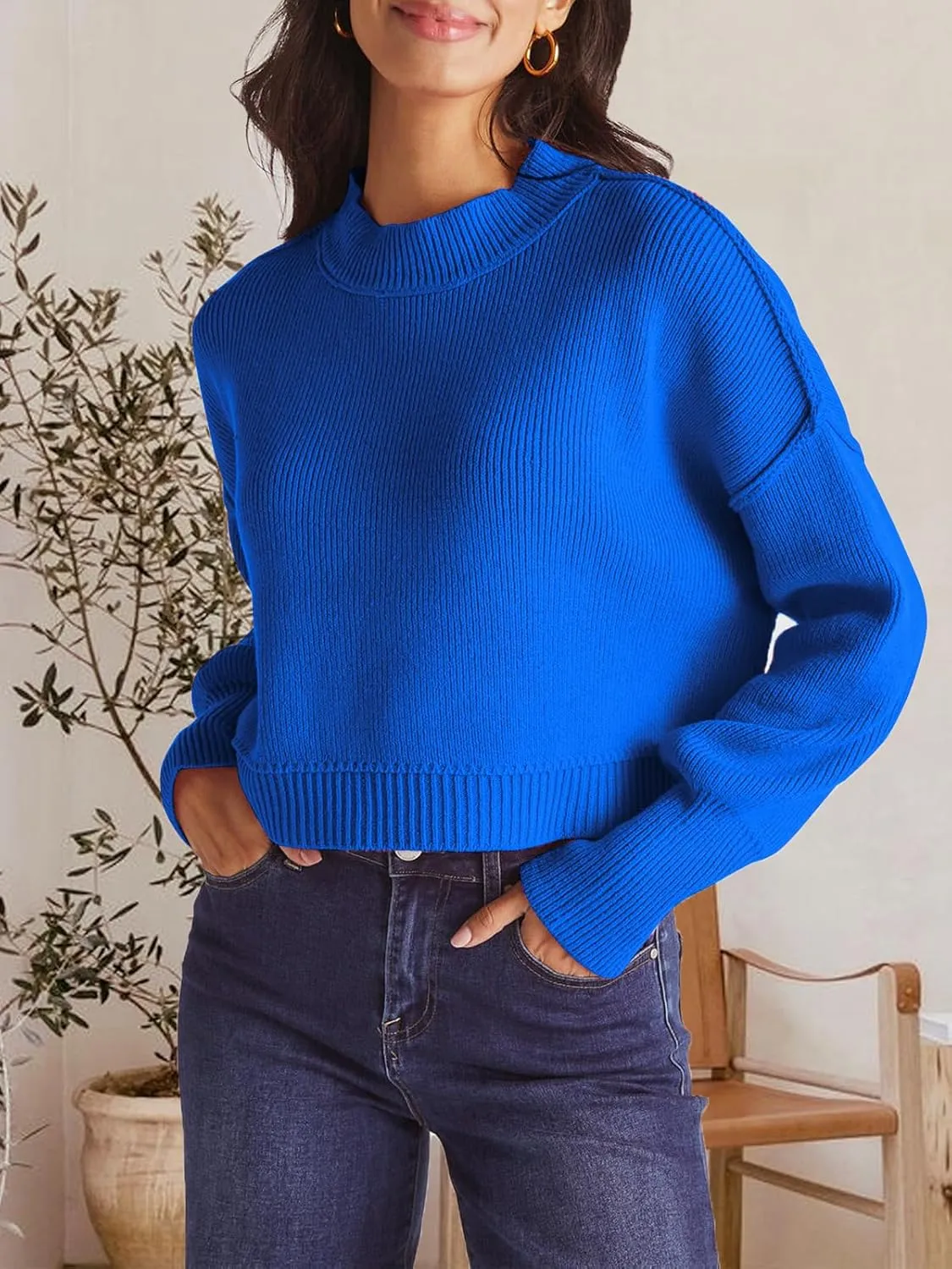 Womens 2023 Fall Sweaters Crewneck Long Batwing Sleeve Side Slit Lightweight Pullover Knit Sweater Tops