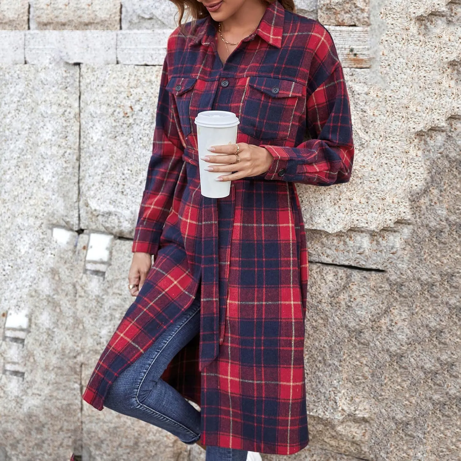 Women's 2023 Plaid Trench Coat Shacket Jacket Casual Button Down Lapel Winter Tartan Overcoat Pea Coats with Pockets