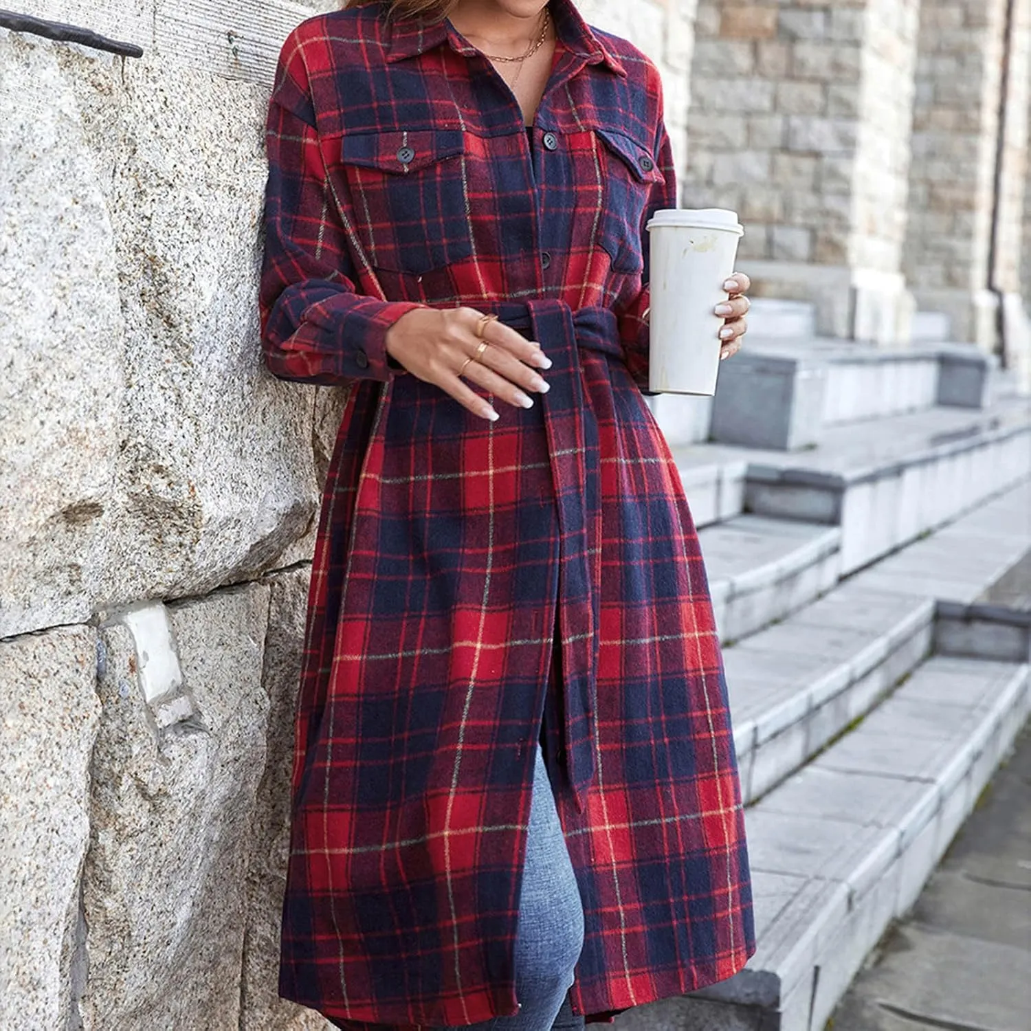 Women's 2023 Plaid Trench Coat Shacket Jacket Casual Button Down Lapel Winter Tartan Overcoat Pea Coats with Pockets