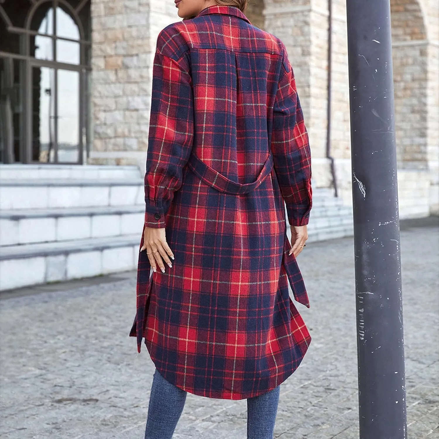 Women's 2023 Plaid Trench Coat Shacket Jacket Casual Button Down Lapel Winter Tartan Overcoat Pea Coats with Pockets