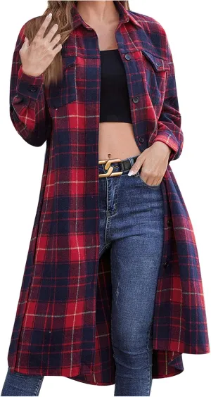 Women's 2023 Plaid Trench Coat Shacket Jacket Casual Button Down Lapel Winter Tartan Overcoat Pea Coats with Pockets