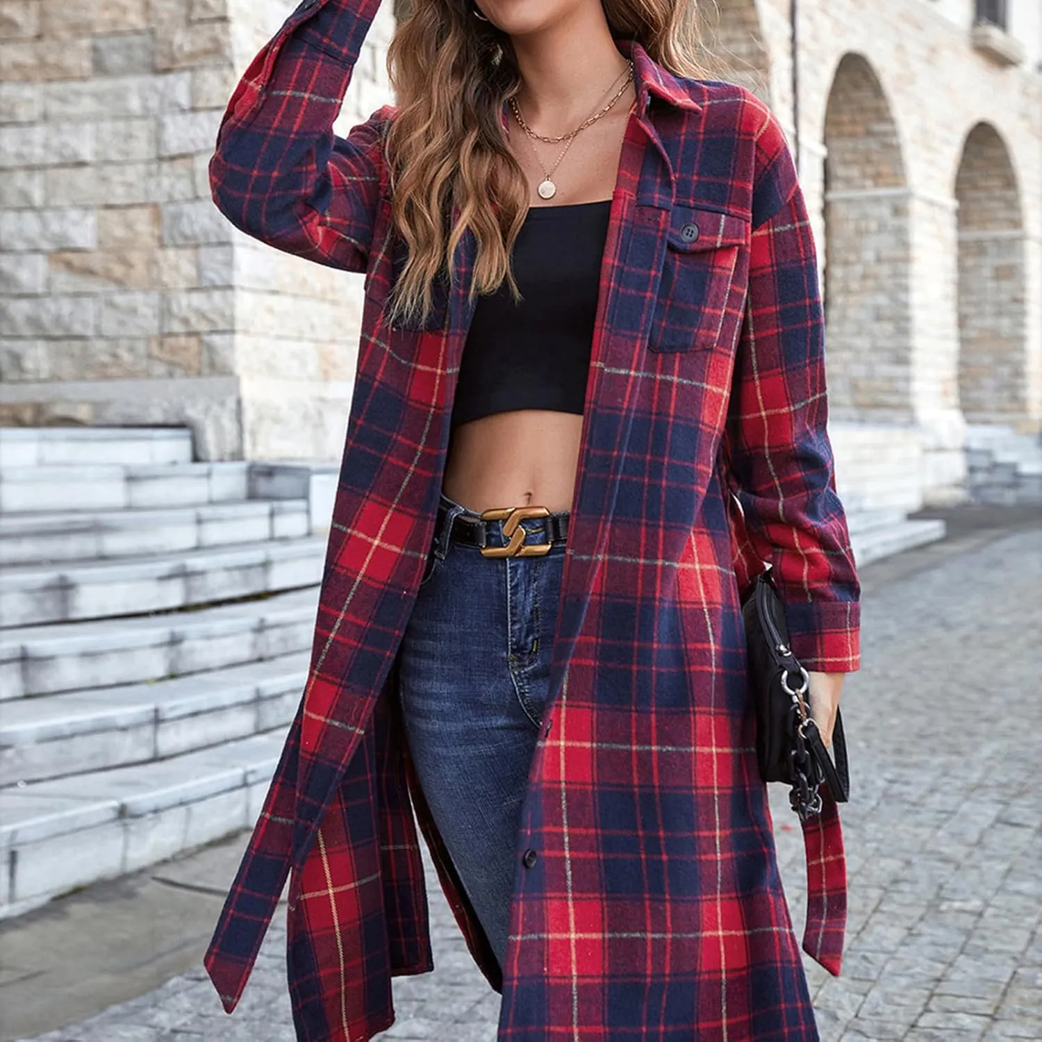 Women's 2023 Plaid Trench Coat Shacket Jacket Casual Button Down Lapel Winter Tartan Overcoat Pea Coats with Pockets