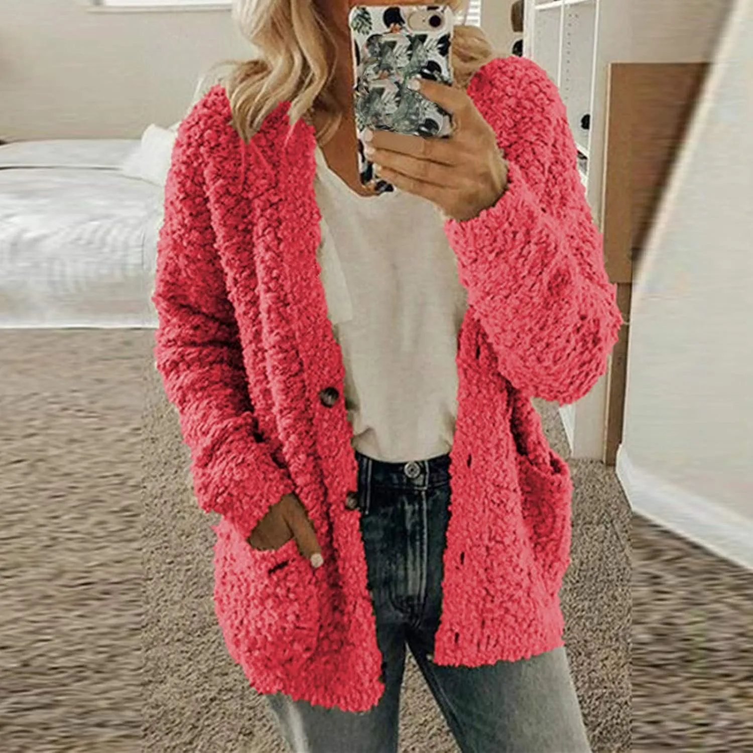 Womens 2024 Casual Solid Fleece Coat Long Sleeve Warm Outwear Button Oversized Fit Overcoat Home Outdoor Winter Clothes