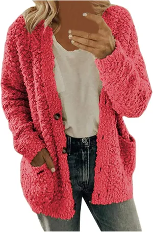 Womens 2024 Casual Solid Fleece Coat Long Sleeve Warm Outwear Button Oversized Fit Overcoat Home Outdoor Winter Clothes