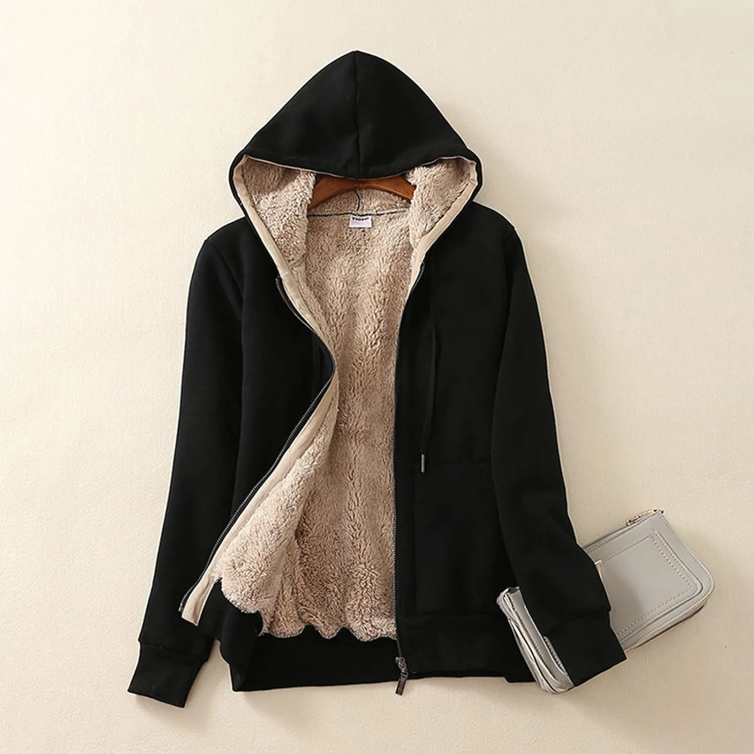 Womens 2024 Temperament Full Zip Overcoat Hooded Long Sleeve Fleece Jacket Warm Soft Drawstring Outwear Outdoor Clothes
