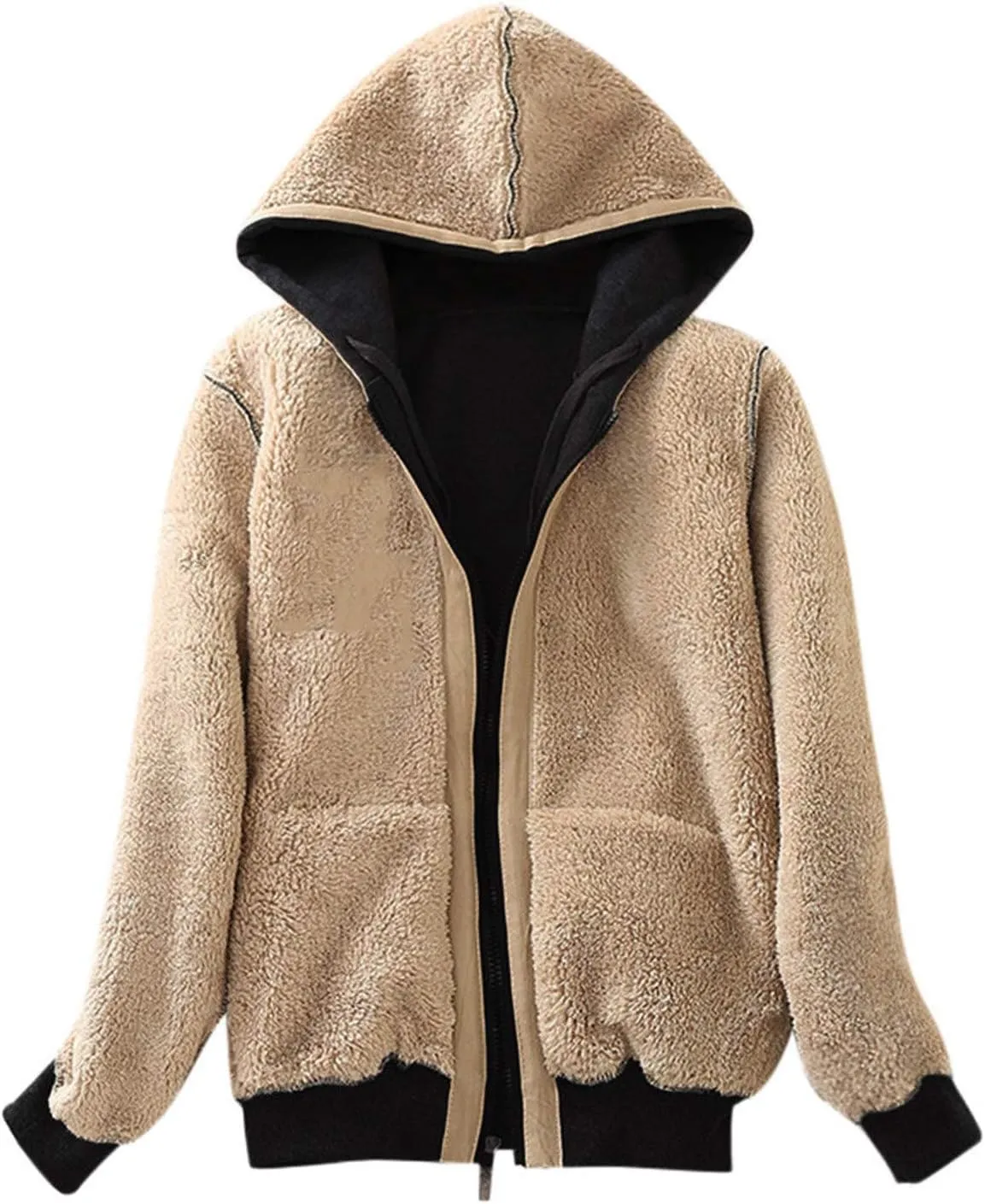 Womens 2024 Temperament Full Zip Overcoat Hooded Long Sleeve Fleece Jacket Warm Soft Drawstring Outwear Outdoor Clothes