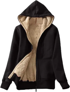 Womens 2024 Temperament Full Zip Overcoat Hooded Long Sleeve Fleece Jacket Warm Soft Drawstring Outwear Outdoor Clothes