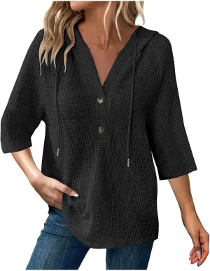 Womens 3/4 Length Sleeve Waffle Shirts Summer Waffle Knit Tops Drawstring Hoodies Button V Neck Casual Blouses Shirts
