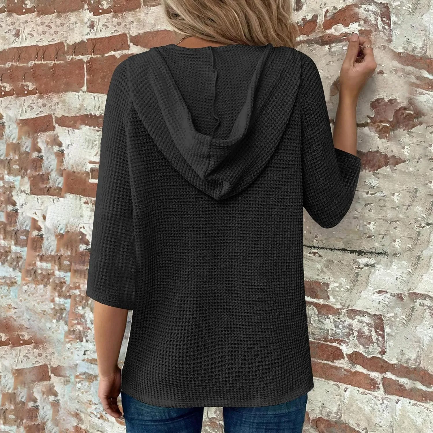 Womens 3/4 Length Sleeve Waffle Shirts Summer Waffle Knit Tops Drawstring Hoodies Button V Neck Casual Blouses Shirts