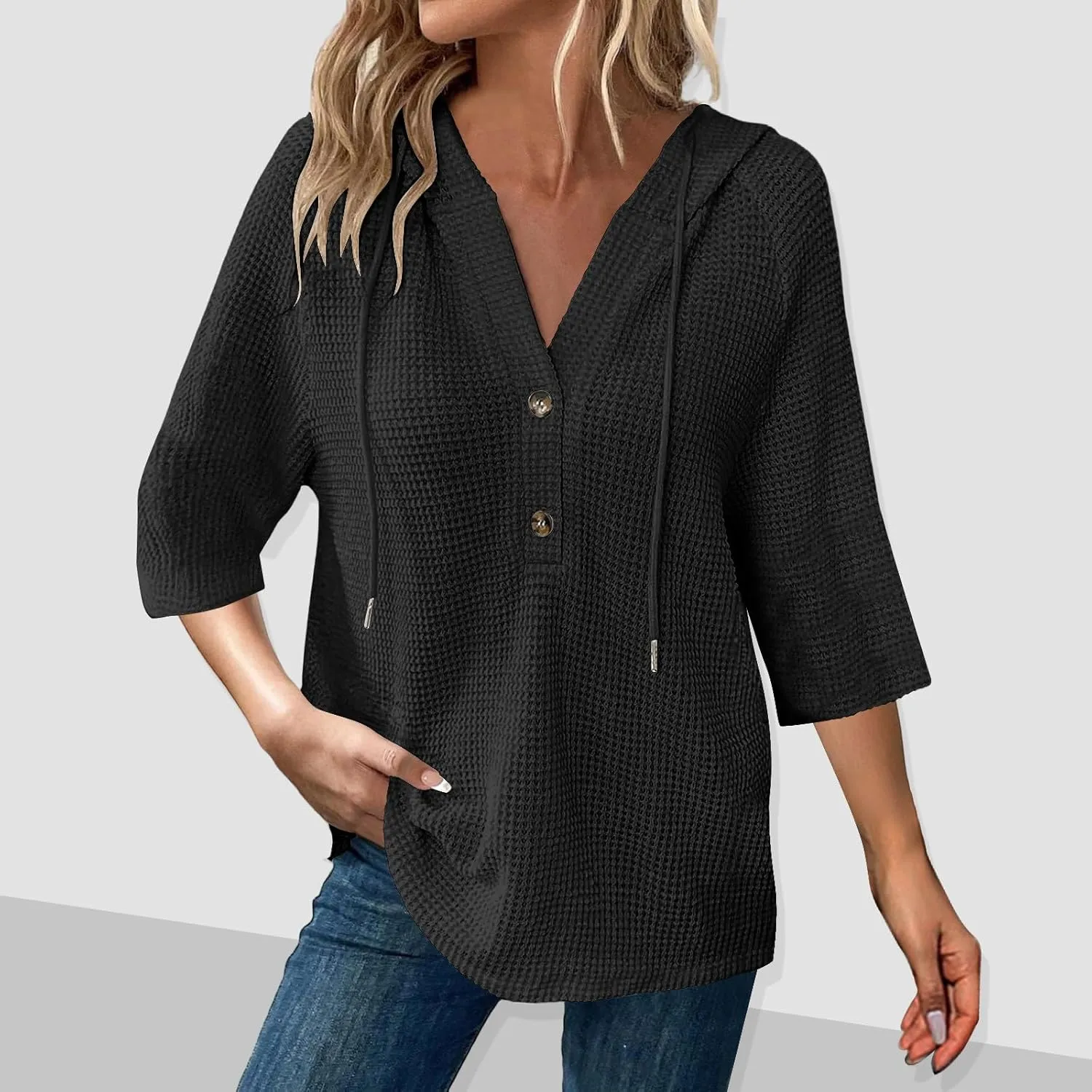 Womens 3/4 Length Sleeve Waffle Shirts Summer Waffle Knit Tops Drawstring Hoodies Button V Neck Casual Blouses Shirts