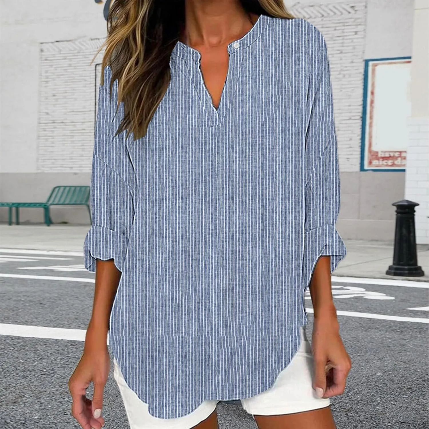 Women's 3/4 Sleeve Cotton Linen Blouses Top T-Shirt Shirts Casual Summer V Neck Tunic Tops Loose Tshirts Side Slit