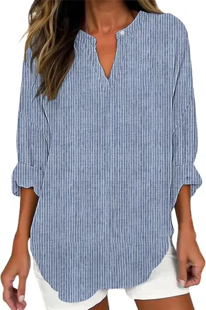 Women's 3/4 Sleeve Cotton Linen Blouses Top T-Shirt Shirts Casual Summer V Neck Tunic Tops Loose Tshirts Side Slit