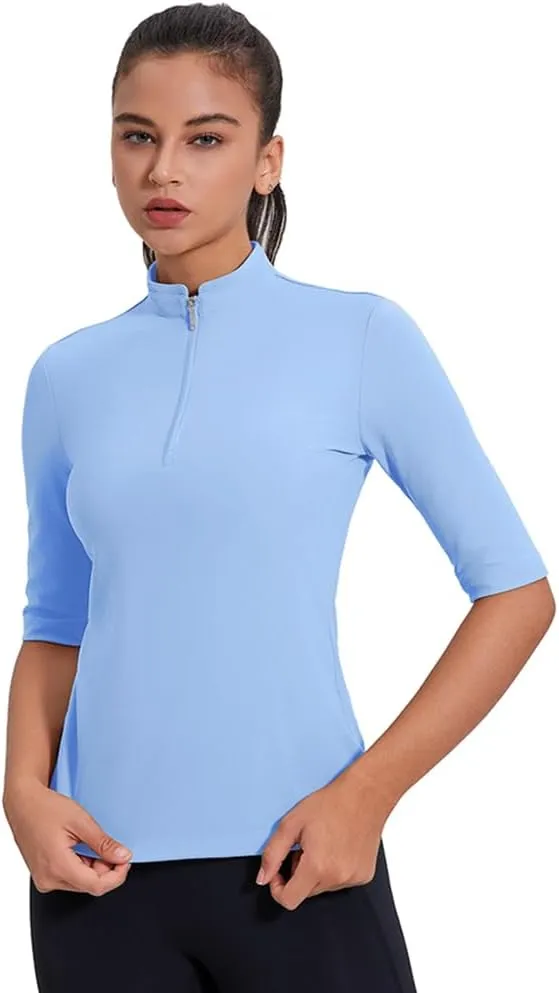 Women's 3/4 Sleeve Golf Polo Shirts UPF 50  1/4 Zip Pullover Shirts Quick Dry Outdoor Athletic Shirt