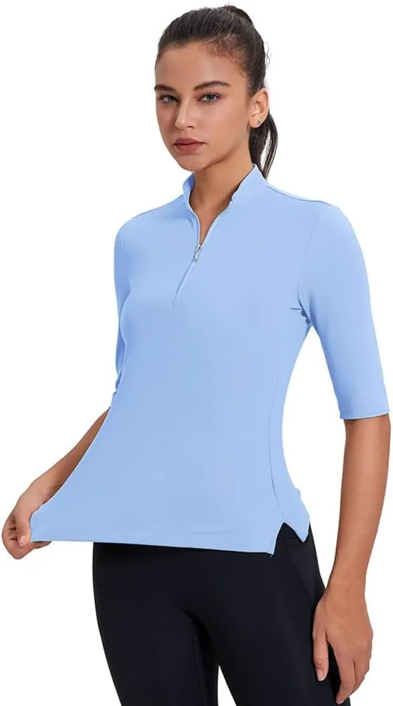 Women's 3/4 Sleeve Golf Polo Shirts UPF 50  1/4 Zip Pullover Shirts Quick Dry Outdoor Athletic Shirt