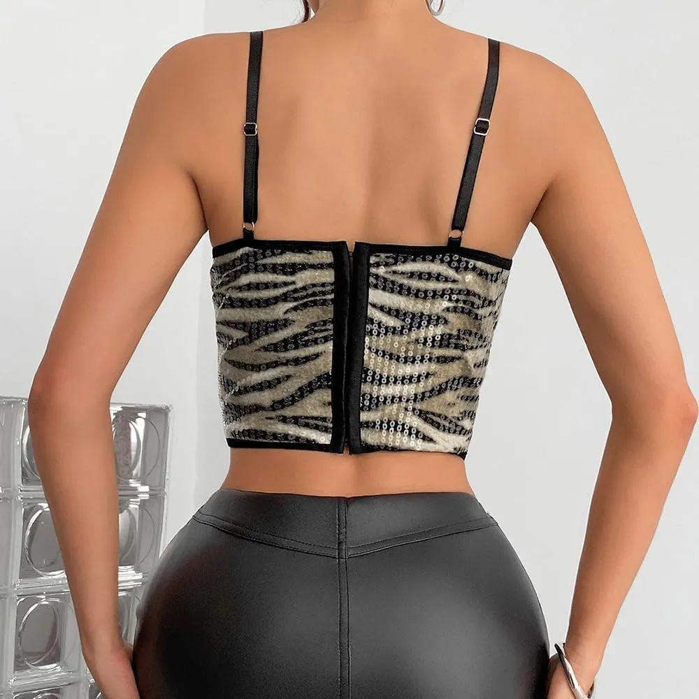 Women's Adjustable Sleeveless Tank Top - Animal Print Lace Sequin Camisole Backless Streetwear y2k Accessories
