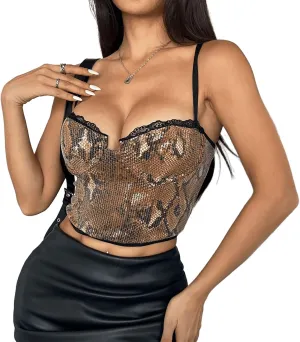 Women's Adjustable Sleeveless Tank Top - Animal Print Lace Sequin Camisole Backless Streetwear y2k Accessories