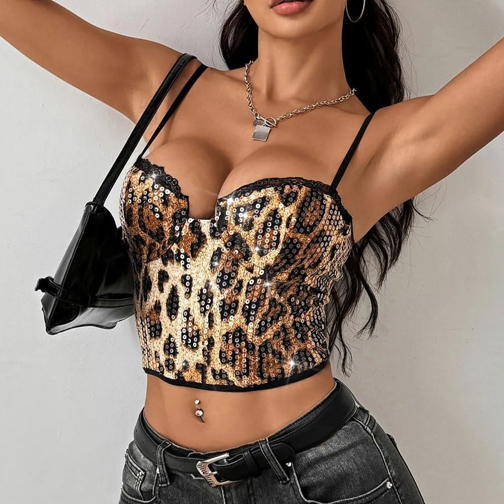 Women's Adjustable Sleeveless Tank Top - Animal Print Lace Sequin Camisole Backless Streetwear y2k Accessories