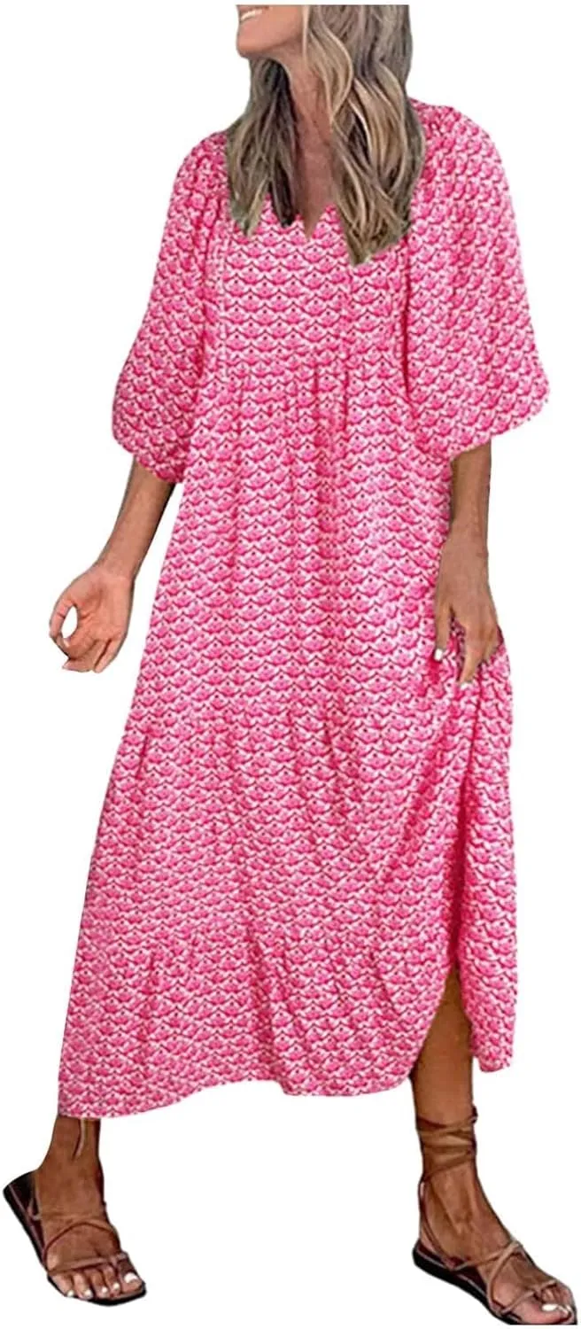 Womens Boho Floral Puff Sleeve Long Dress Summer Flowy Casual V Neck Boho Beach Vacation Maxi Dresses