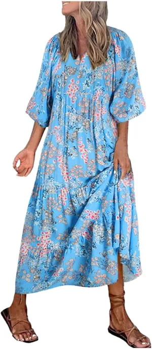 Womens Boho Floral Puff Sleeve Long Dress Summer Flowy Casual V Neck Boho Beach Vacation Maxi Dresses