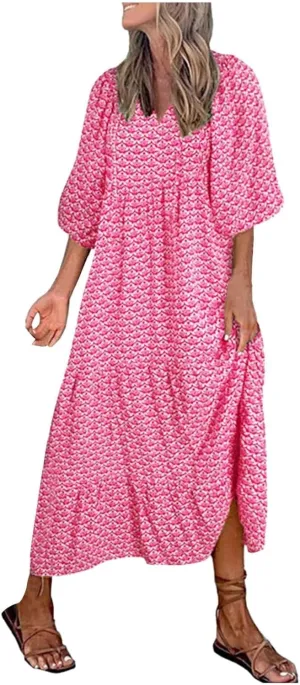 Womens Boho Floral Puff Sleeve Long Dress Summer Flowy Casual V Neck Boho Beach Vacation Maxi Dresses
