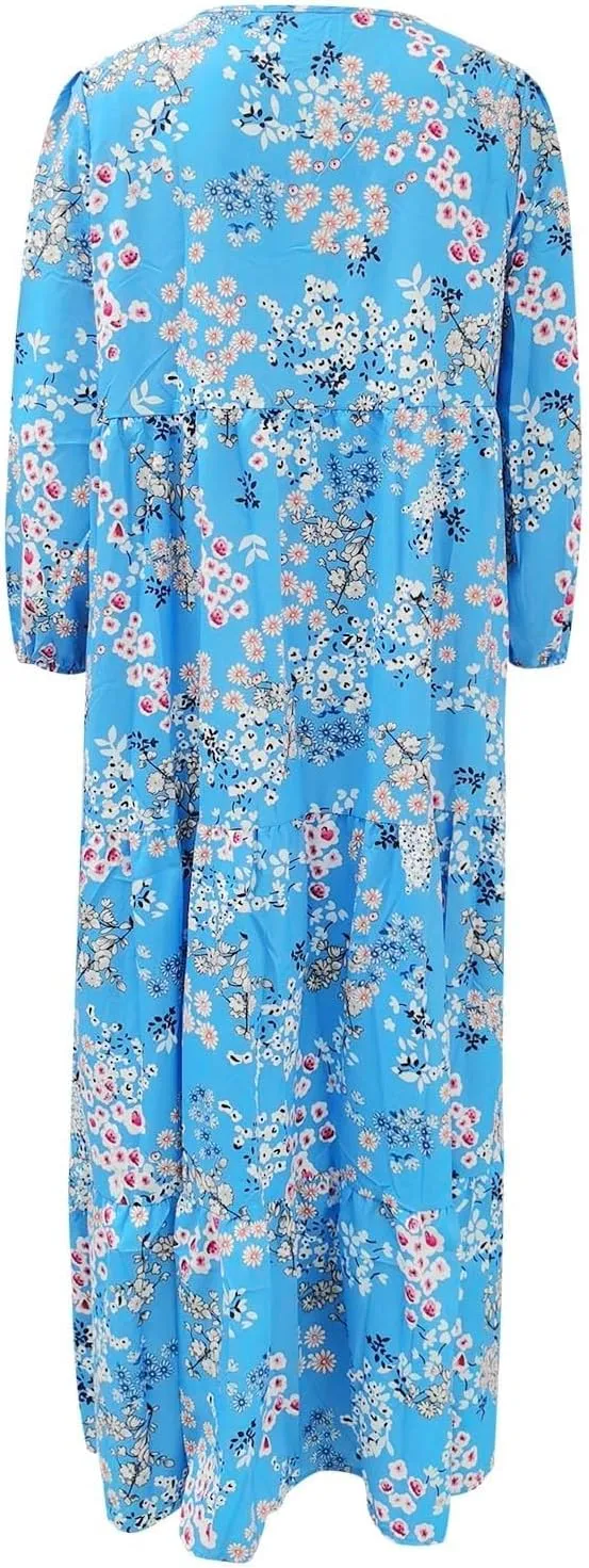 Womens Boho Floral Puff Sleeve Long Dress Summer Flowy Casual V Neck Boho Beach Vacation Maxi Dresses