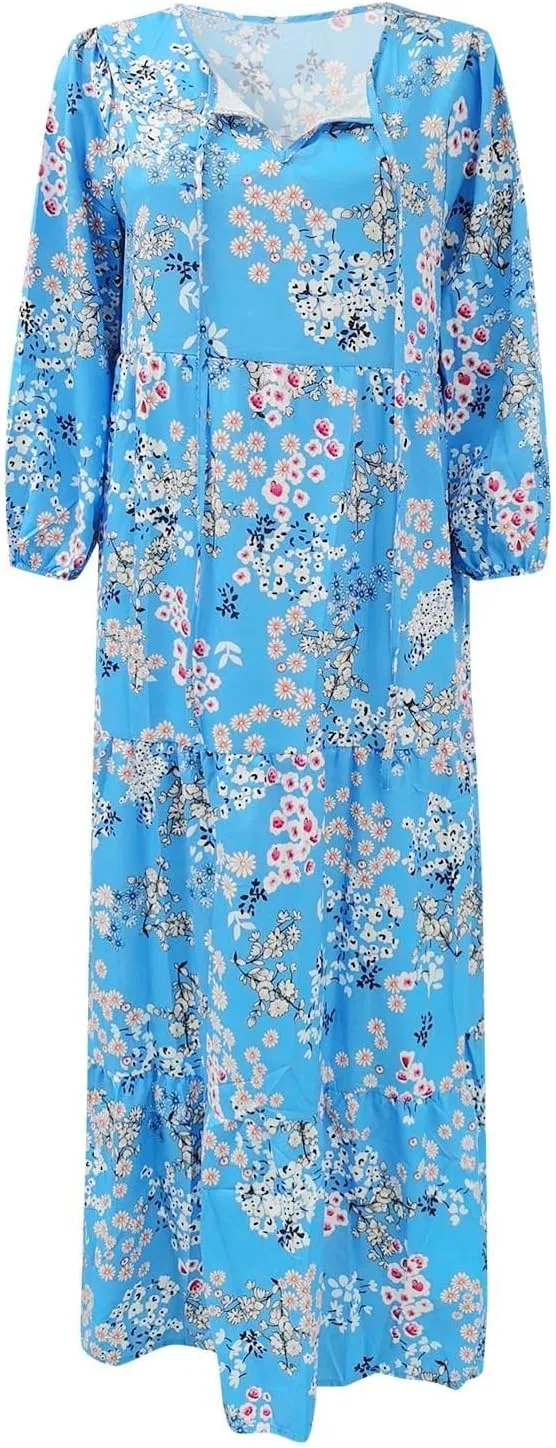 Womens Boho Floral Puff Sleeve Long Dress Summer Flowy Casual V Neck Boho Beach Vacation Maxi Dresses