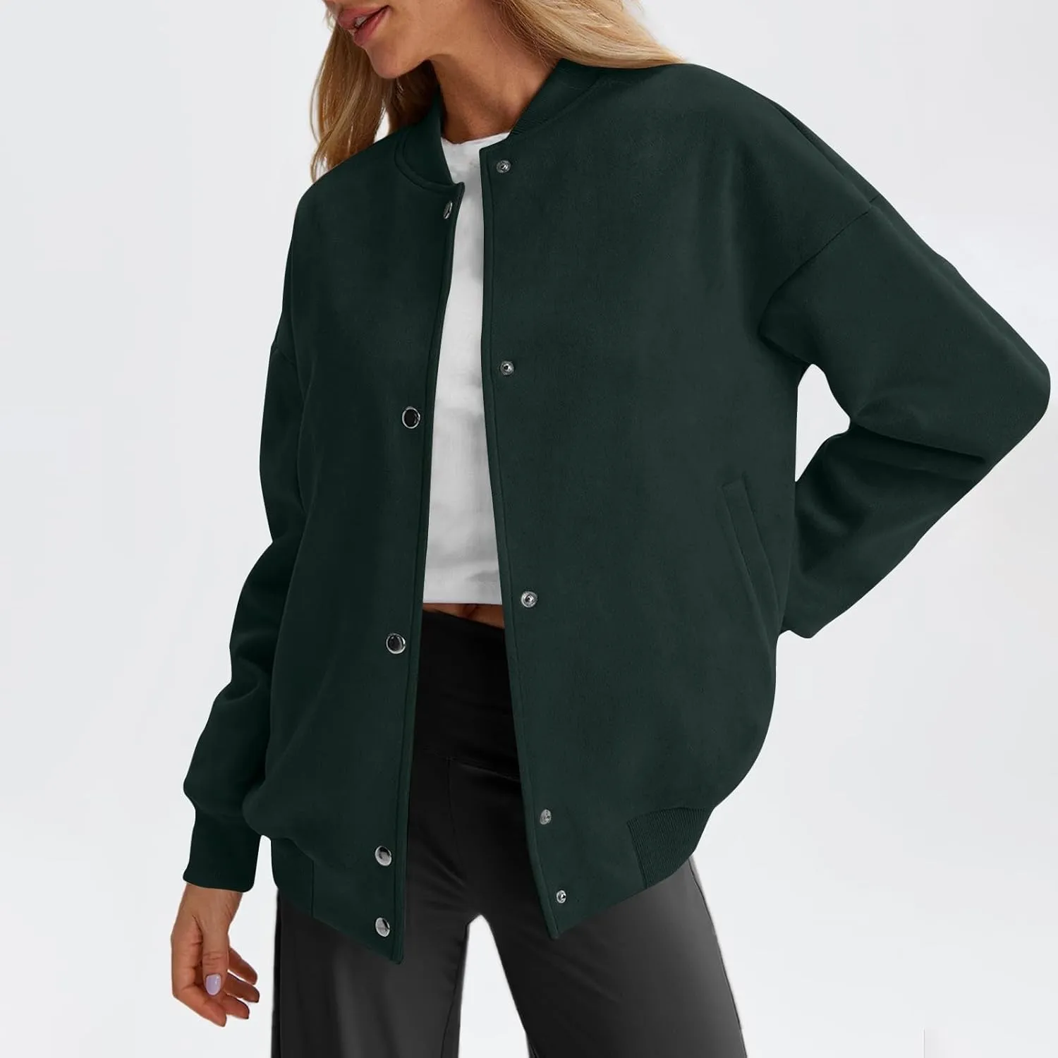 Womens Bomber Jacket Casual Button Down Suede Jacket Trendy Lightweight Comfy Windbreaker Fall Coats with Pockets