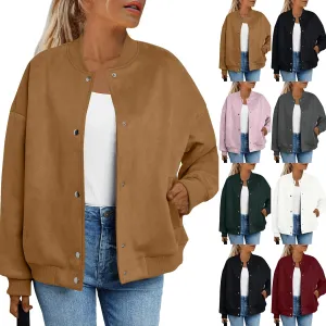 Womens Bomber Jacket Casual Button Down Suede Jacket Trendy Lightweight Comfy Windbreaker Fall Coats with Pockets