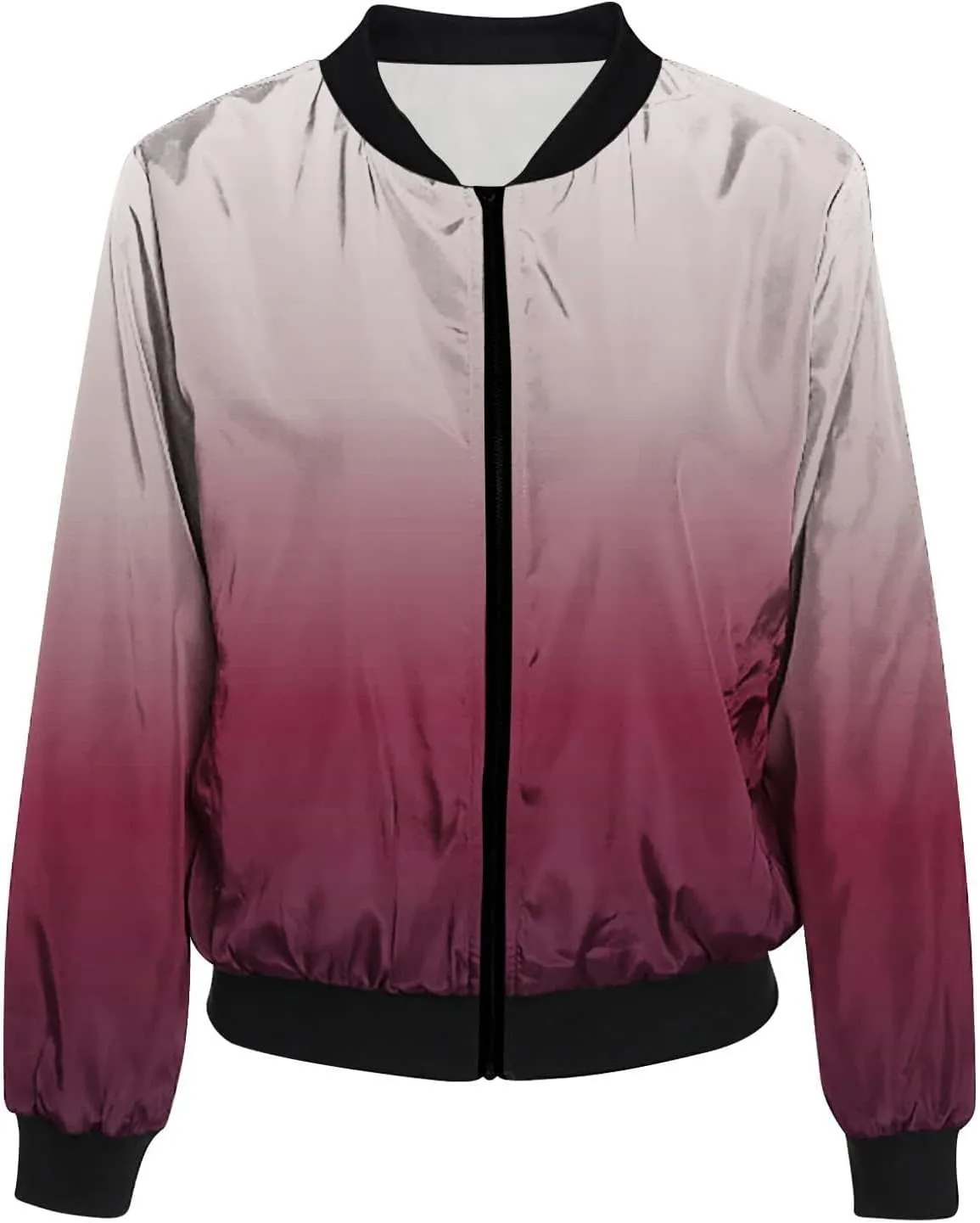 Women's Bomber Jacket Casual Zip Up Coat Lightweight Jacket Fall Fashion Long Sleeve Outerwear Windbreaker w/Pockets