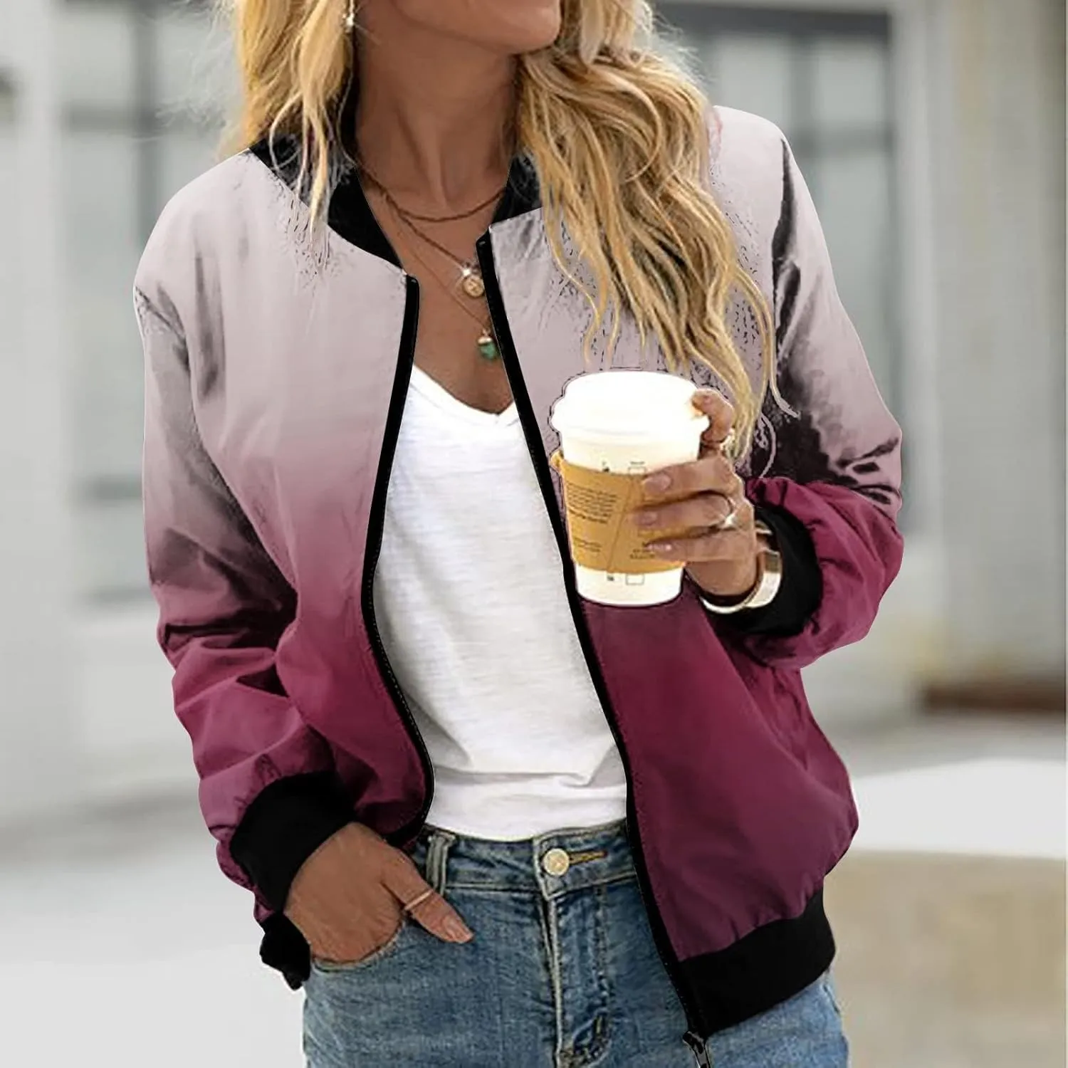 Women's Bomber Jacket Casual Zip Up Coat Lightweight Jacket Fall Fashion Long Sleeve Outerwear Windbreaker w/Pockets