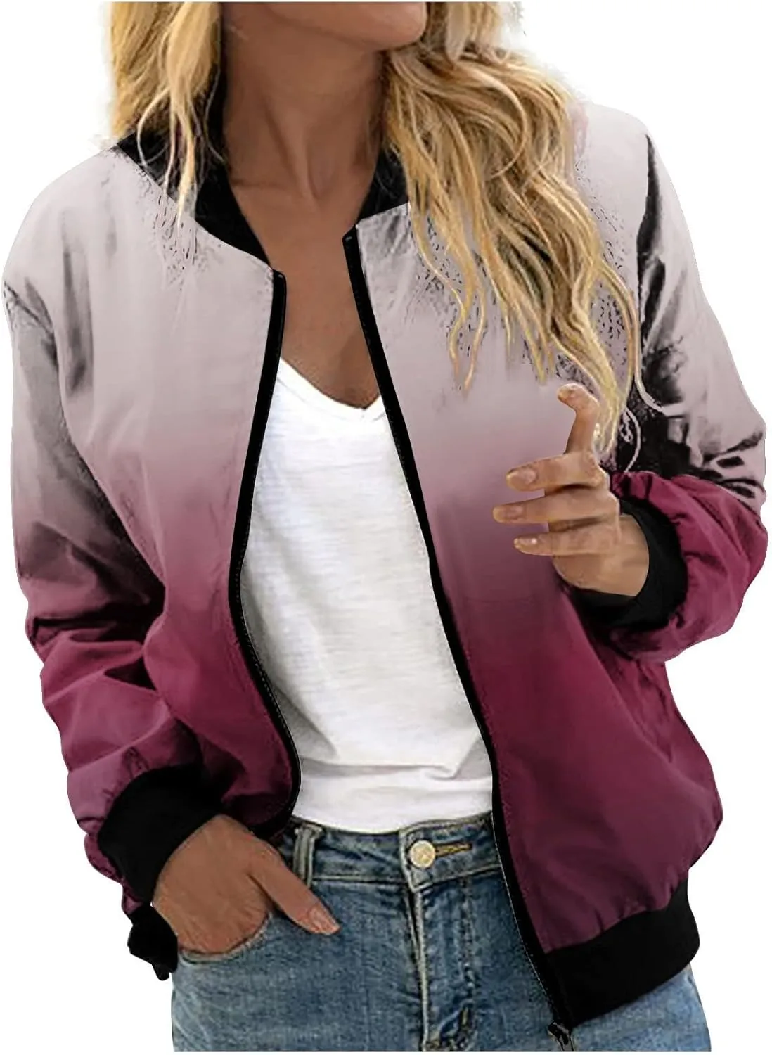 Women's Bomber Jacket Casual Zip Up Coat Lightweight Jacket Fall Fashion Long Sleeve Outerwear Windbreaker w/Pockets