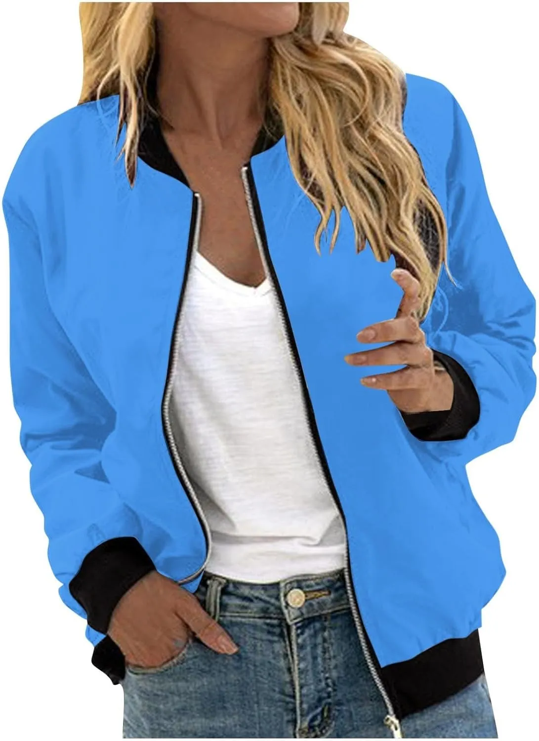 Women's Bomber Jacket Casual Zip Up Coat Lightweight Jacket Fall Fashion Long Sleeve Outerwear Windbreaker w/Pockets