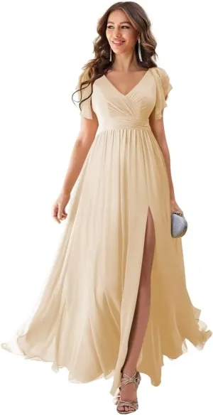 Women's Bridesmaid Dresses with Sleeve Long Summer Side Split Chiffon Formal Evening Gown with Pockets