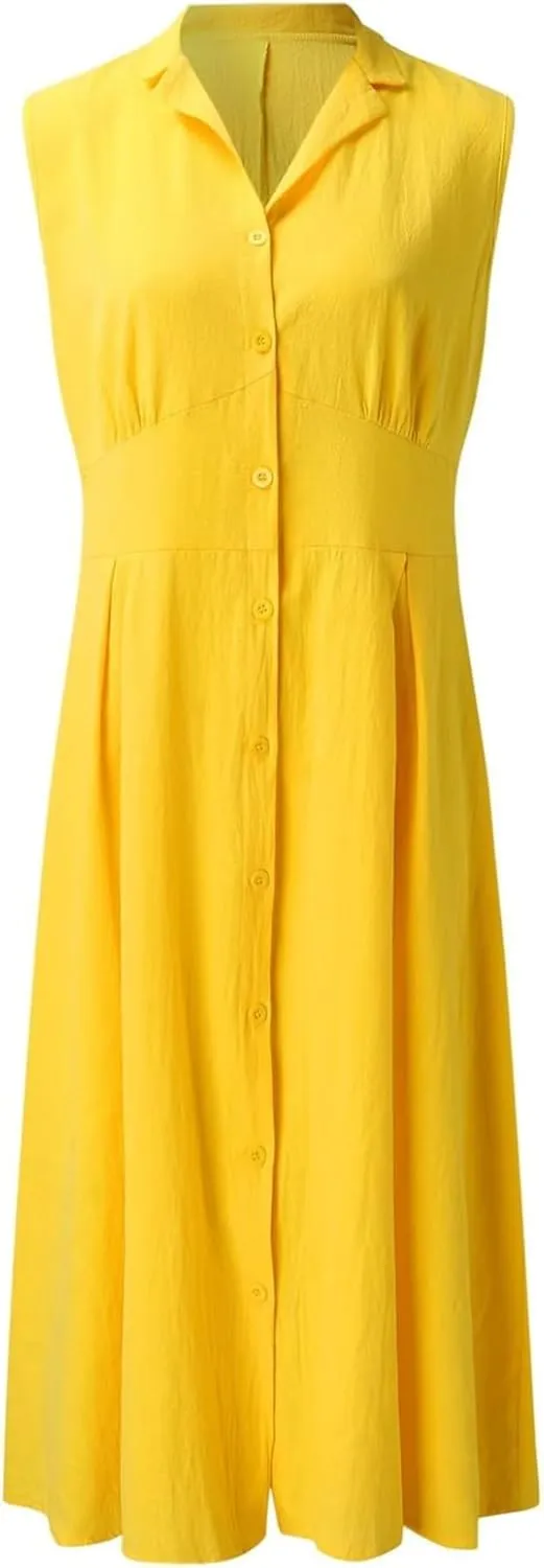 Women's Button Down Cotton Linen Shirt Dress with Pockets Sleeveless V Neck Maxi Dresses Elegant A Line Flowy Dress