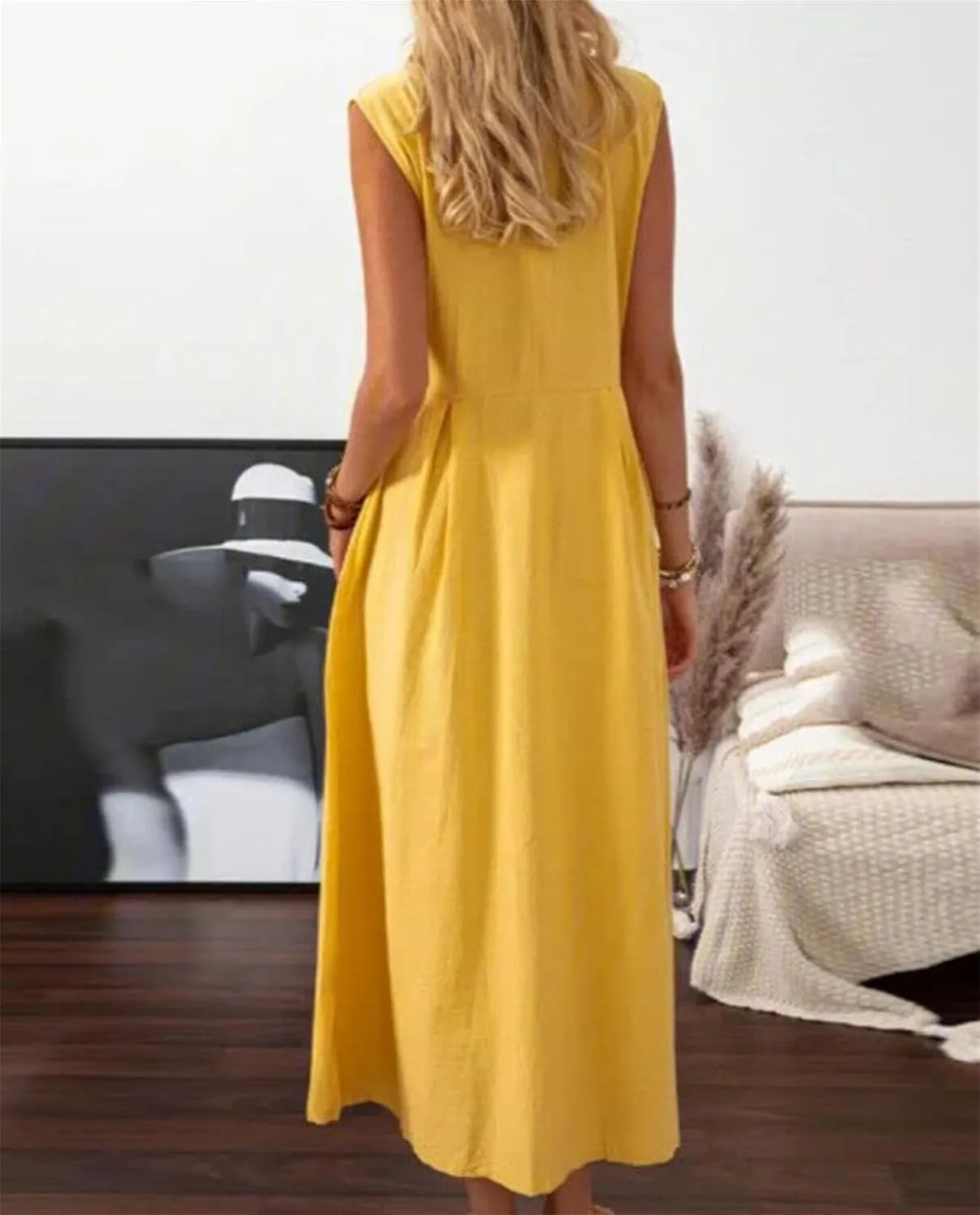 Women's Button Down Cotton Linen Shirt Dress with Pockets Sleeveless V Neck Maxi Dresses Elegant A Line Flowy Dress