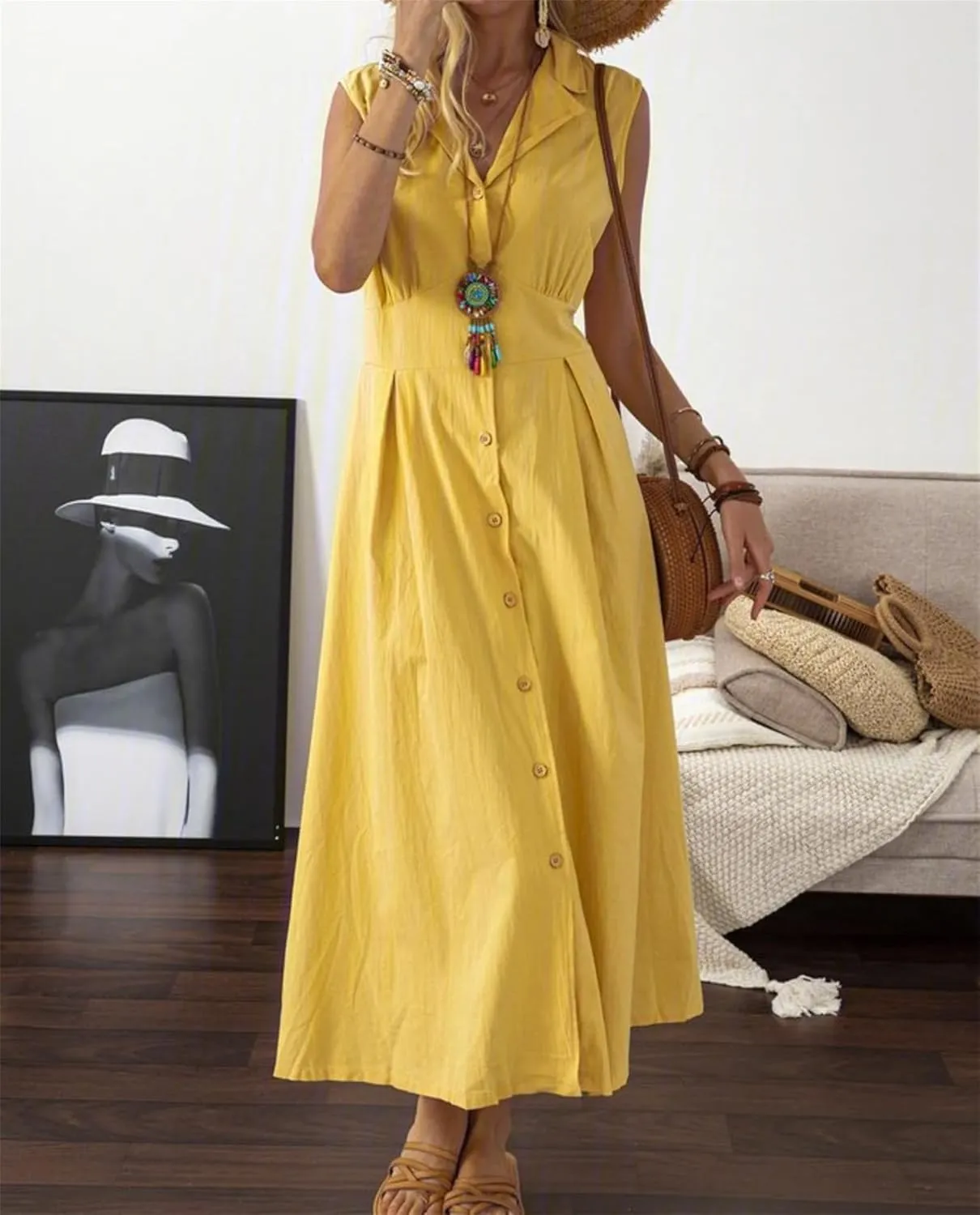 Women's Button Down Cotton Linen Shirt Dress with Pockets Sleeveless V Neck Maxi Dresses Elegant A Line Flowy Dress