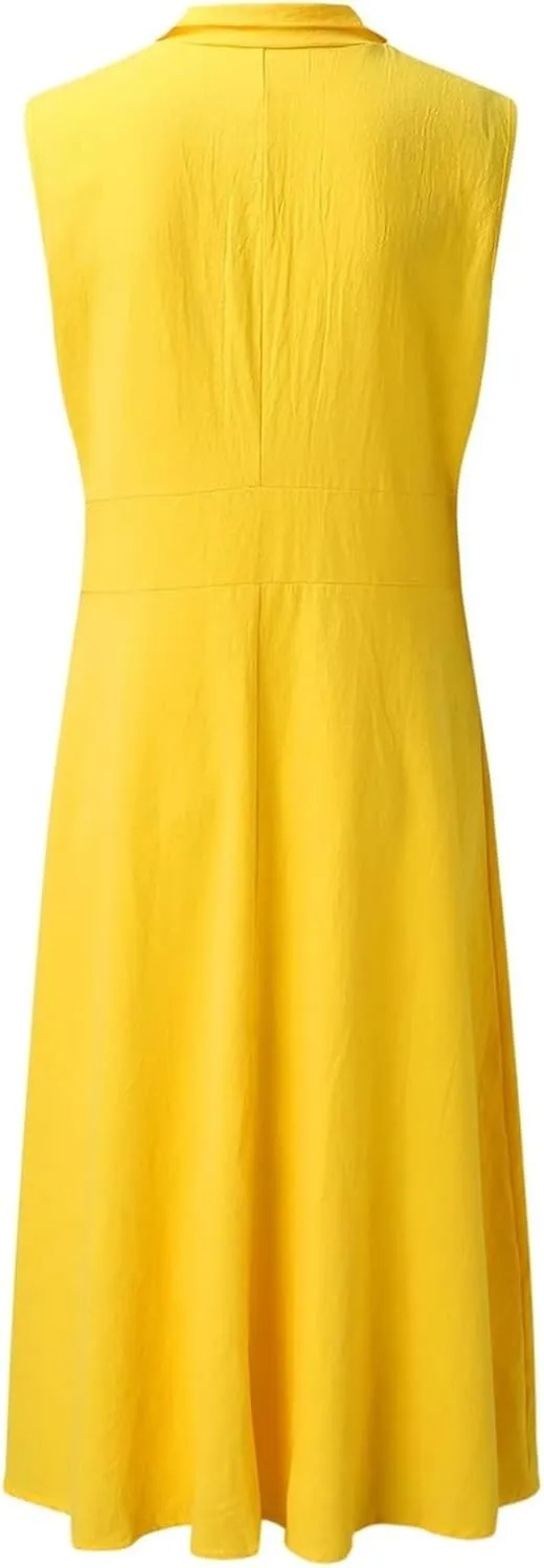 Women's Button Down Cotton Linen Shirt Dress with Pockets Sleeveless V Neck Maxi Dresses Elegant A Line Flowy Dress